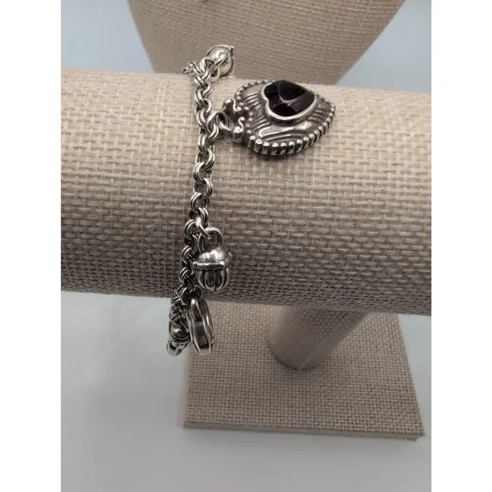 BrightonSilver Tone Charm Bracelet Red Stone Heart Acorn Links Retired RARE